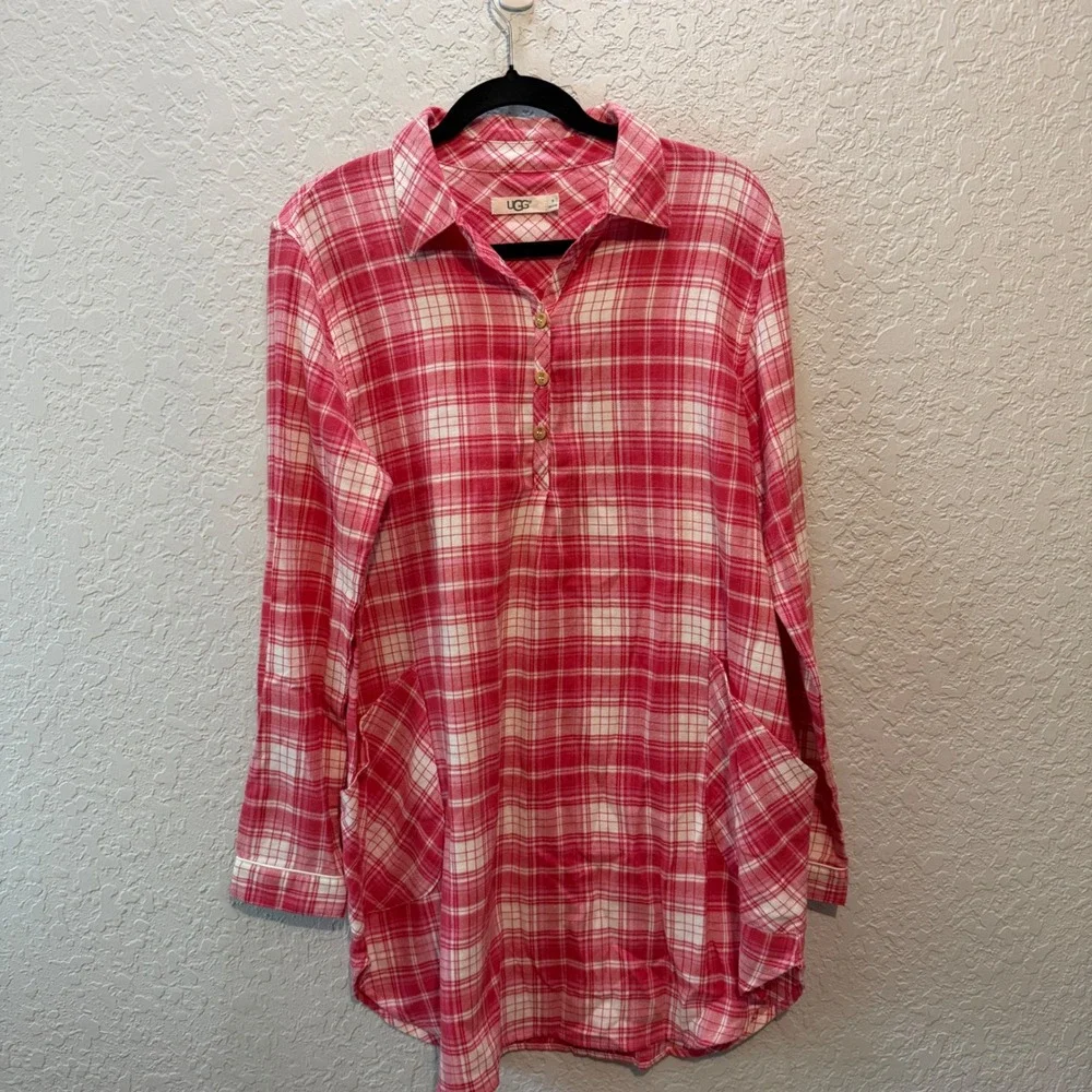 UGG Plaid Flannel Nightgown Size M Pink White Lounge Sleepwear 1095619